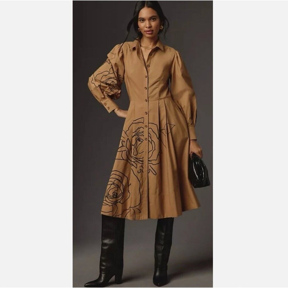 Anthropologie Long Sleeve A Line Midi Shirt Dress Brown Flower Design